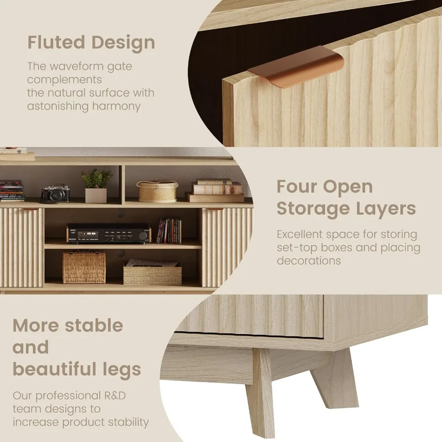 ตู้วางทีวีสไตล์มิดเซ็นจูรี่โมเดิร์น ขนาด 59 นิ้ว พร้อมที่เก็บของ ตู้วางทีวีทรงสูงพร้อมบานประตูแบบร่อง 2 บาน เหมาะสำหรับ