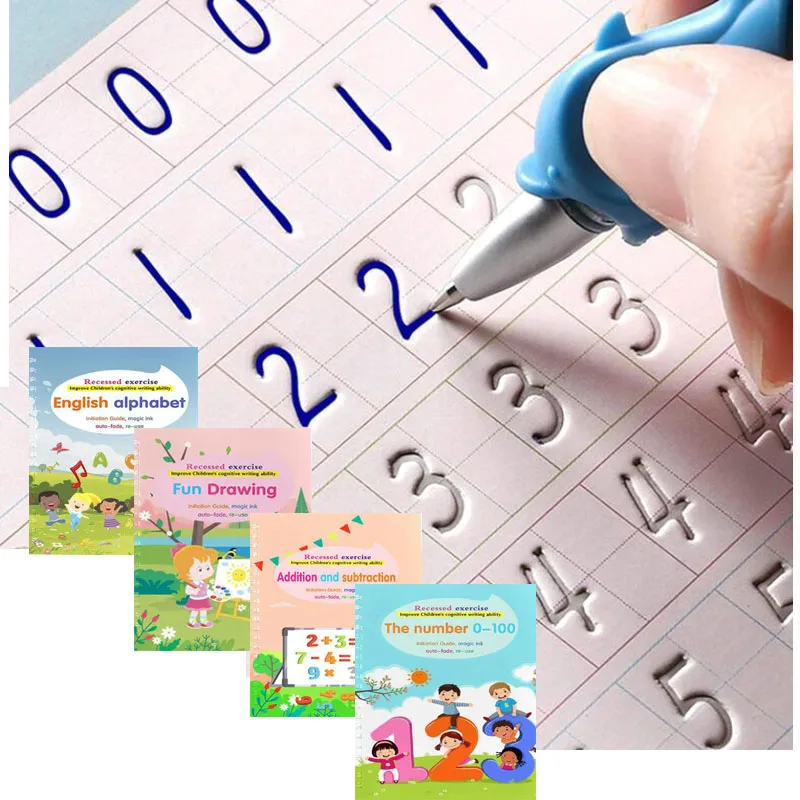 4 Books + Pen Magic Copy Book Free Wiping Children's kids Writing Sticker Practice English Copybook For Calligraphy Montessori