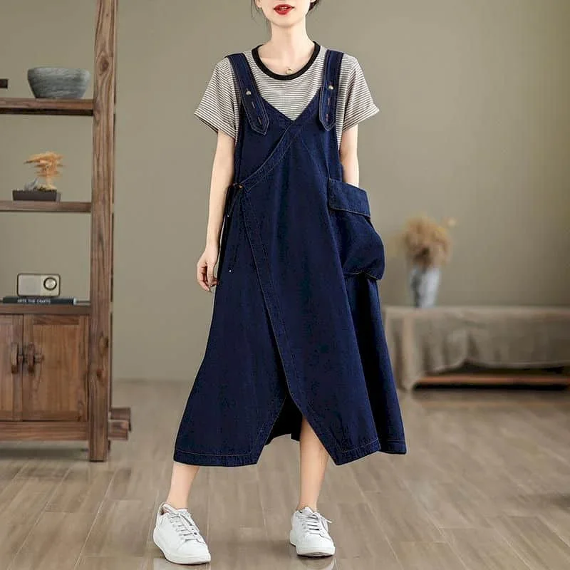 

Pop Denim Strap Dress For Women Sleeveless Casual Loose Summer Artistic Versatile Korean Style Oversized Vintage Calf Length Dre