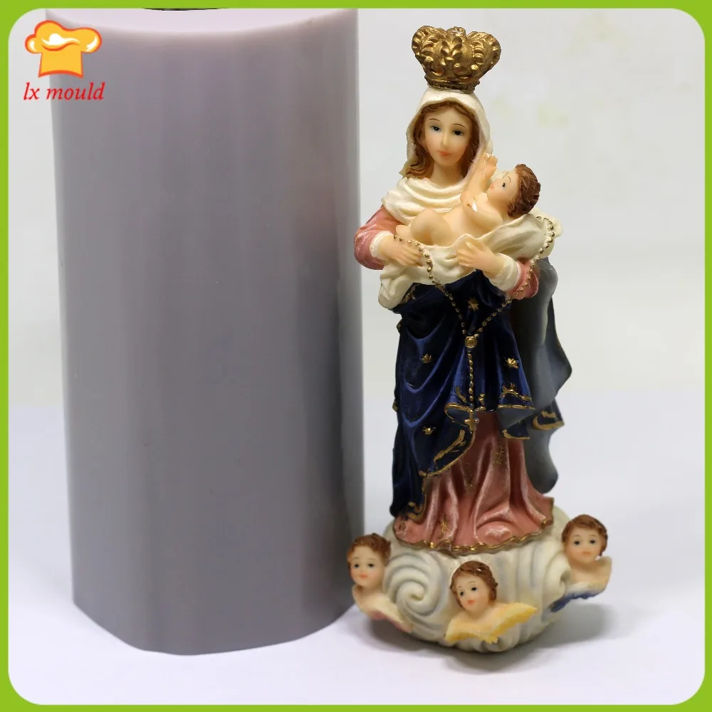 Molde de Silicone 3D para Vela Religiosa, Virgem Treading Nuvem Boneca, Mão DIY Gesso, Soap Wax Mold, Maria Detém Bebê e Três Anjos