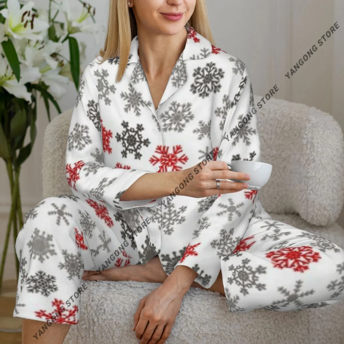 

Snowflakes Background Womens Pajamas Loungewear Two-piece Sleepwear Button-Down Full Sleeve Long Pajamas Set