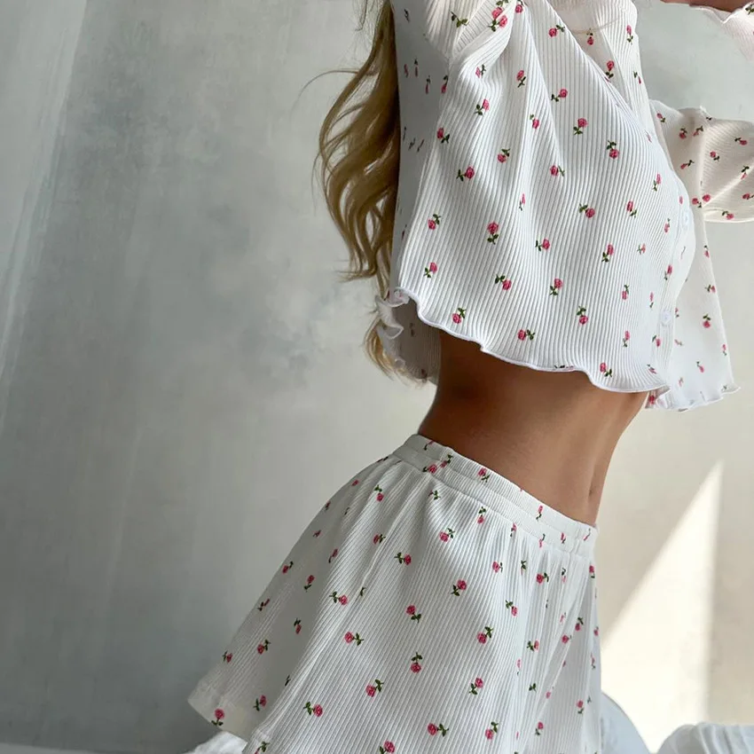 Autumn Sleepwear Knitted Flower Print Long Sleeve Shorts Pajamas Set Outfit Button Down Women\'s 2pcs Home Clothes Comfortable