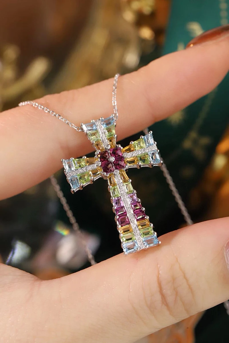 LUOWEND 100% 18K White Gold Necklace Luxury Rainbow Cross Pendant Shiny Diamond Natural Gemstone Necklace for Women Fine Jewelry
