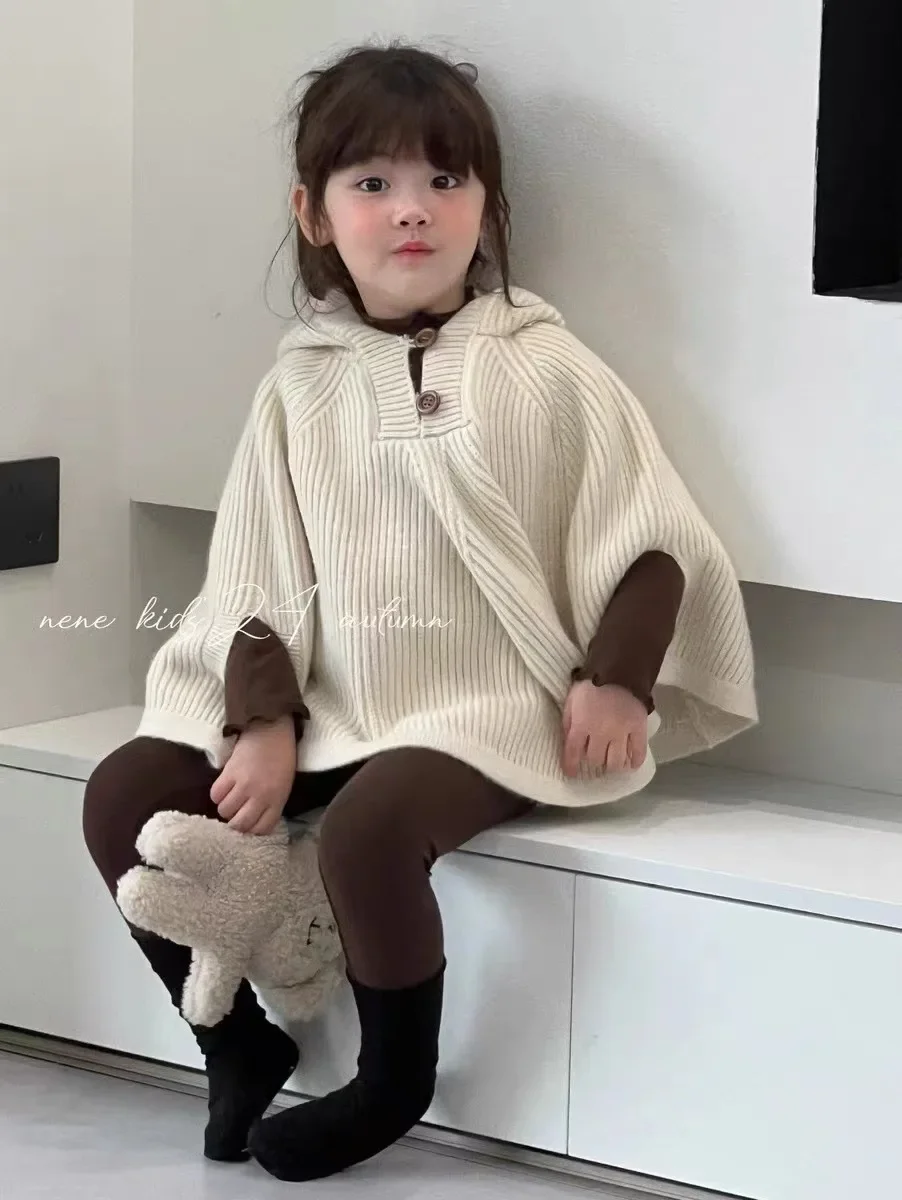 2024 Children\'s Hooded Cape Kids Outdoor Windproof Cardigan Stylish Knitted Sweater Fashion Baby Girls Woolen Coat Jacket