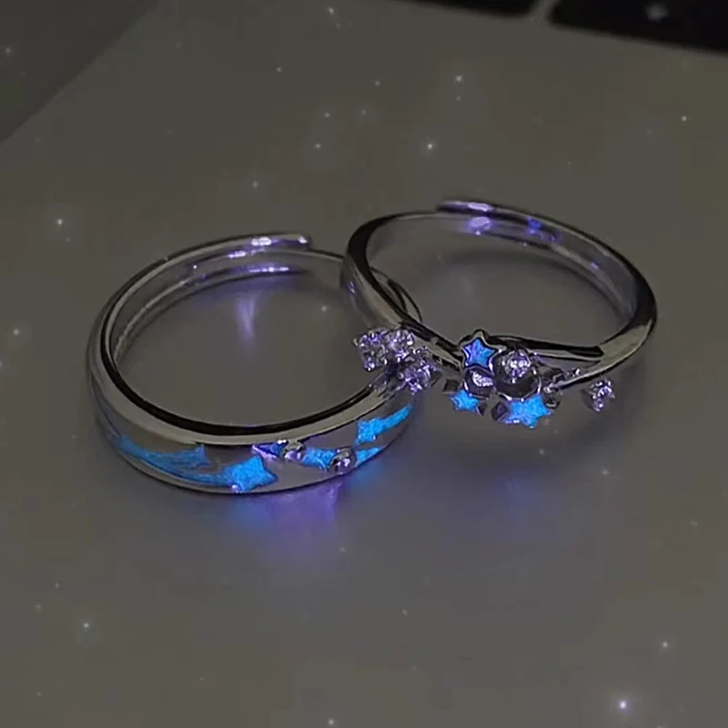 2Pcs Fashion Blue Luminous Star Couple Ring Glow In Dark Fluorescent Zircon Ring Women Men Adjustable Finger Rings Jewelry Gifts