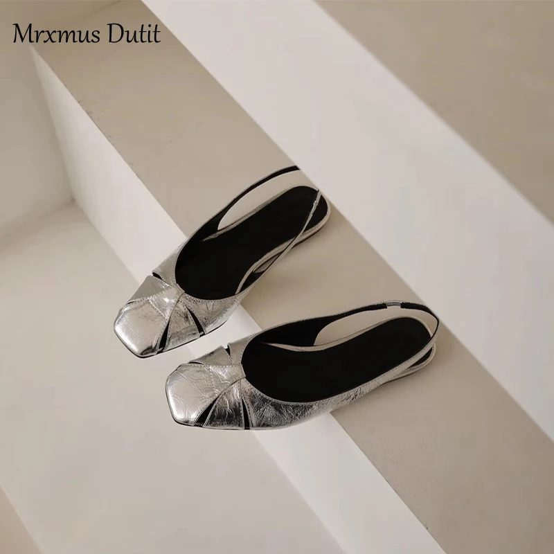 Mrxmus Dutit 2023 Summer Fashion New Women Genuine Leather Flat Weave Hollow Square Head Sandals Solid Casual Shoes Female Chic