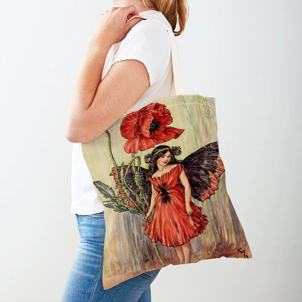 Bolso de mano de lona con estampado doble de cuento de hadas para mujer, bolsa de compras de elfos del bosque, bolso de hombro de dibujos animados para niña