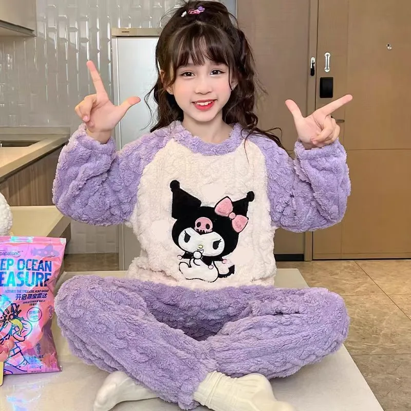 

Kuromi Girl Coral Fleece Pajamas Autumn Winter Thicken Cute Sanrios Kawaii Cartoon Flannel Suit Child Keep Warm Lounge Clothes