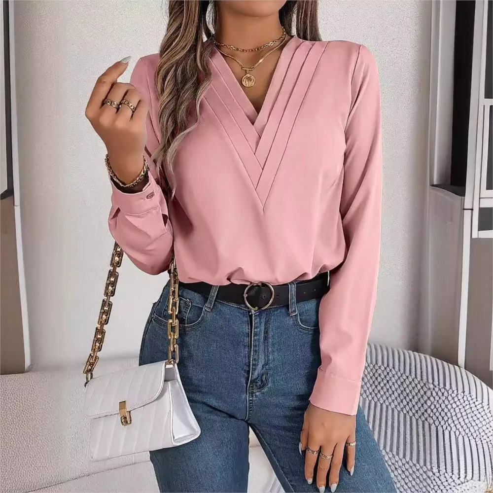 Office Lady Slim Red Pullover Blouse Tops 2024 Autumn/winter Elegant Solid Color Layered V-neck Long Sleeved Shirt Femme Blusas