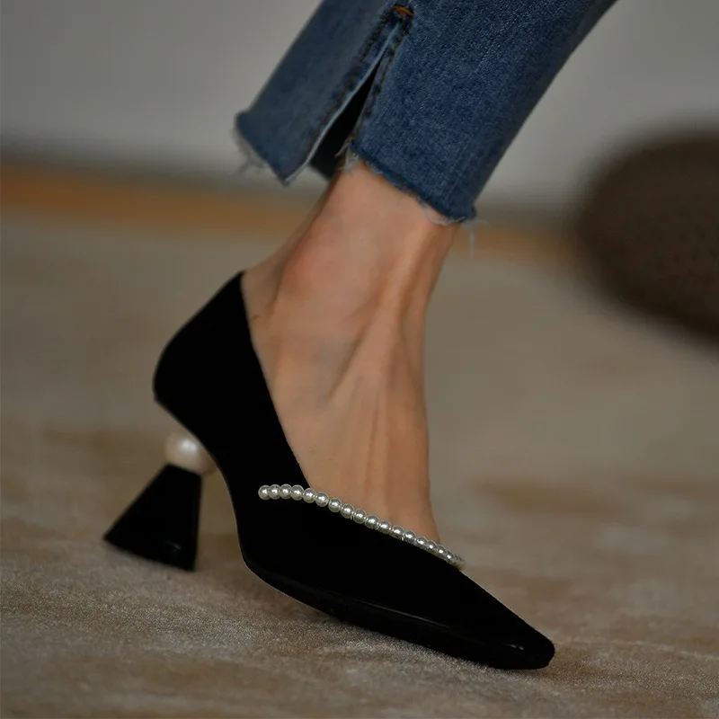 2022 Spring Summer New Fashion High Heels Women Black Single Shoes Party Beaded Loafers Elegant Medium Thick Heel Shallow Mouth