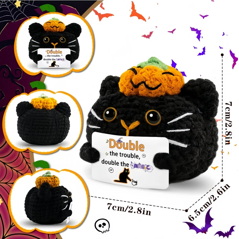 Handmade Pumpkin Cat Dolls Funny Positive Emotion Cute Crochet Mini Pocket Dolls with Card Home Decor Party Gift Ornament