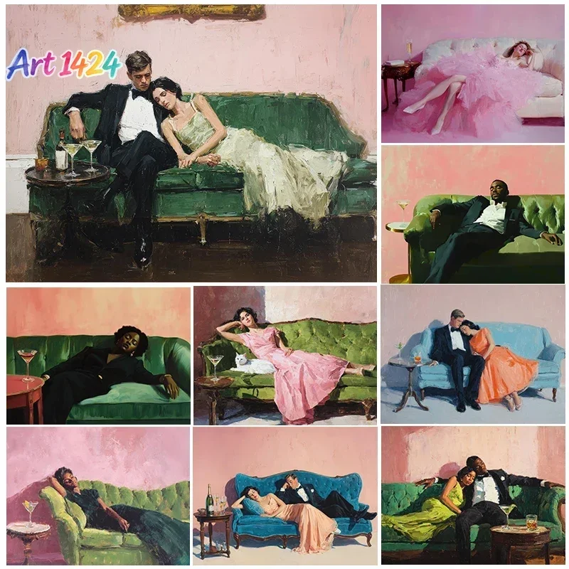 1pc frameless Man and Woman on Couch with Cocktail Posters Prints Canvas Painting Trendy Kitchen Wall Art Pictures Home Room