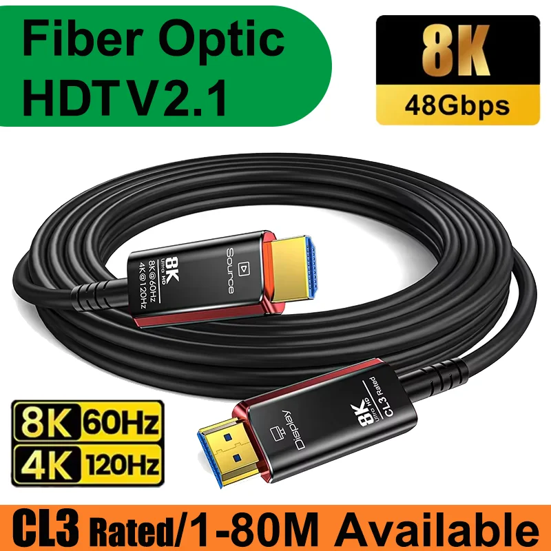8K HDMI 2.1 Fiber Optic Cable CL3 Rated, 48Gbps 8K@60 4K@120Hz/144H EARC HDCP 2.2 & 2.3 Compatible For HDTV Xbox PS5 Projector