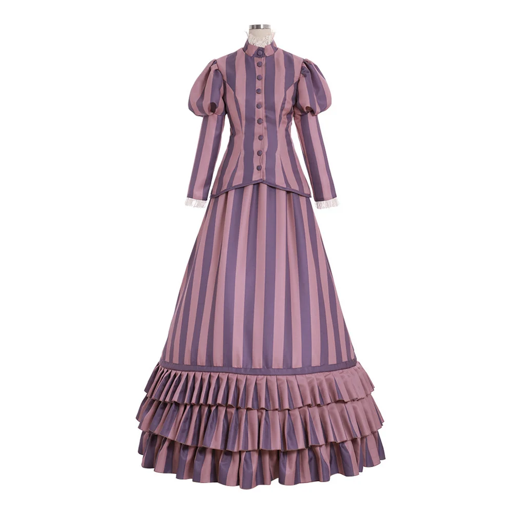 

Horror Anime Victoria Everglot Cosplay Bride Costume Medieval Victorian Renaissance Stripe Dress Suit Masquerade Gown