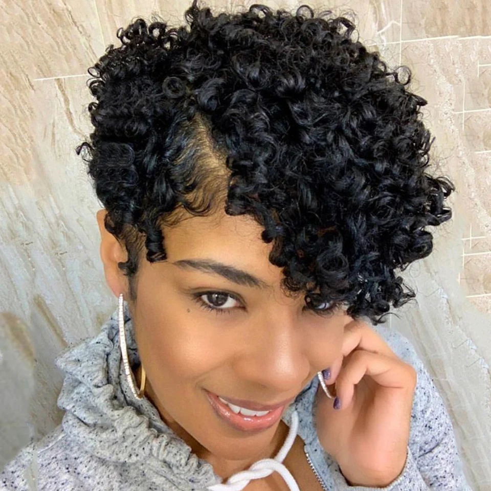 Peruca Curta Pixie Curly Bob para Mulheres, Lace Front, Perucas de Cabelo Humano, Colorido Brasileiro, Profundo, Transparente, Parte