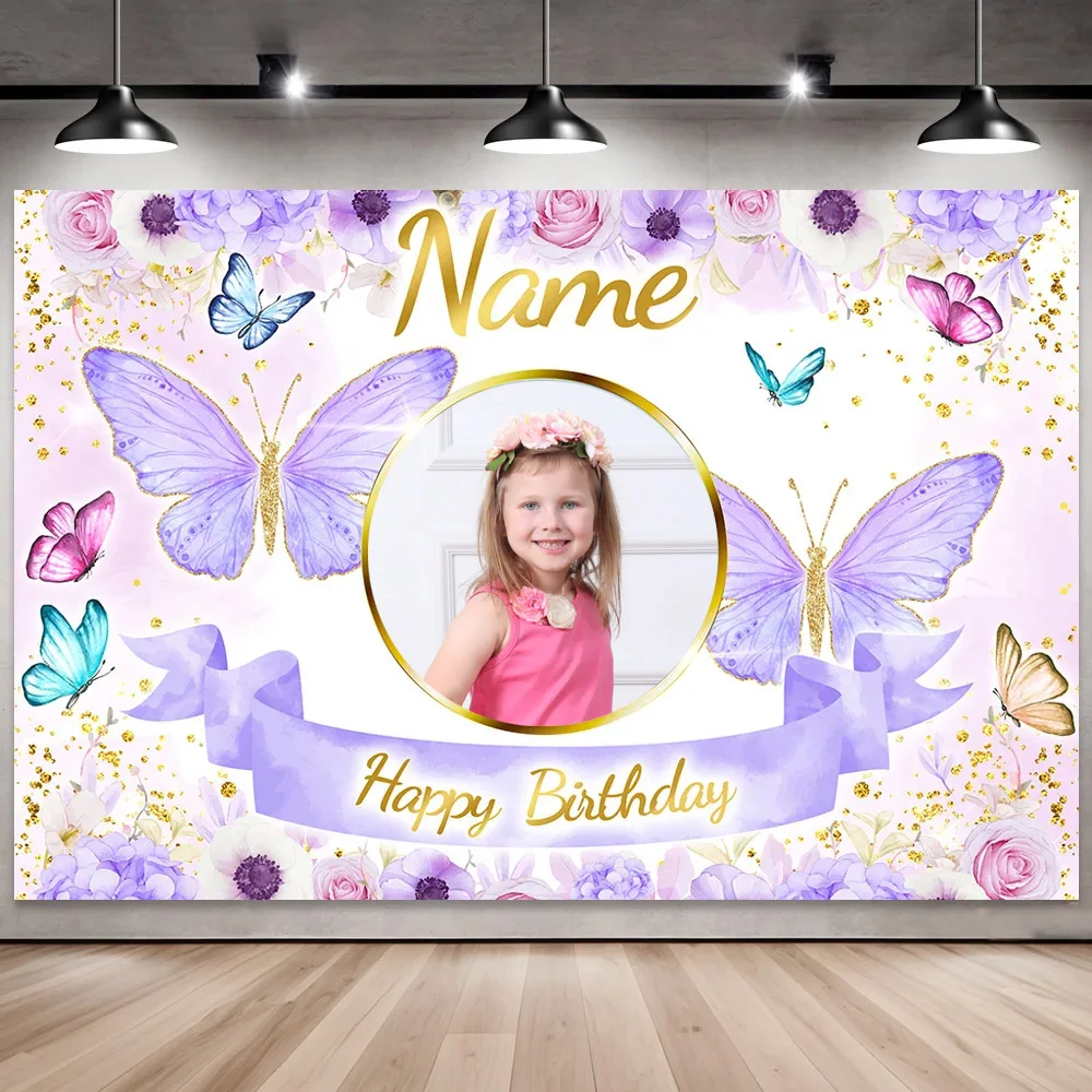 

Custom Photo Name Birthday Backdrop Pink Butterfly and Floral Background Banner Personalized for Party Wall Decoration Glitter