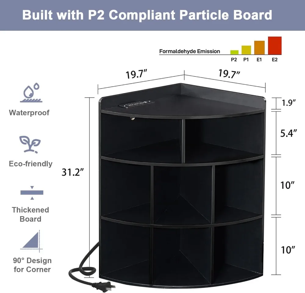 Rak Sudut Kubus dengan Port USB & Stopkontak, Rak Penyimpanan yang Dapat Disesuaikan untuk Ruang Tamu, Kamar Tidur, Dapur - Hitam