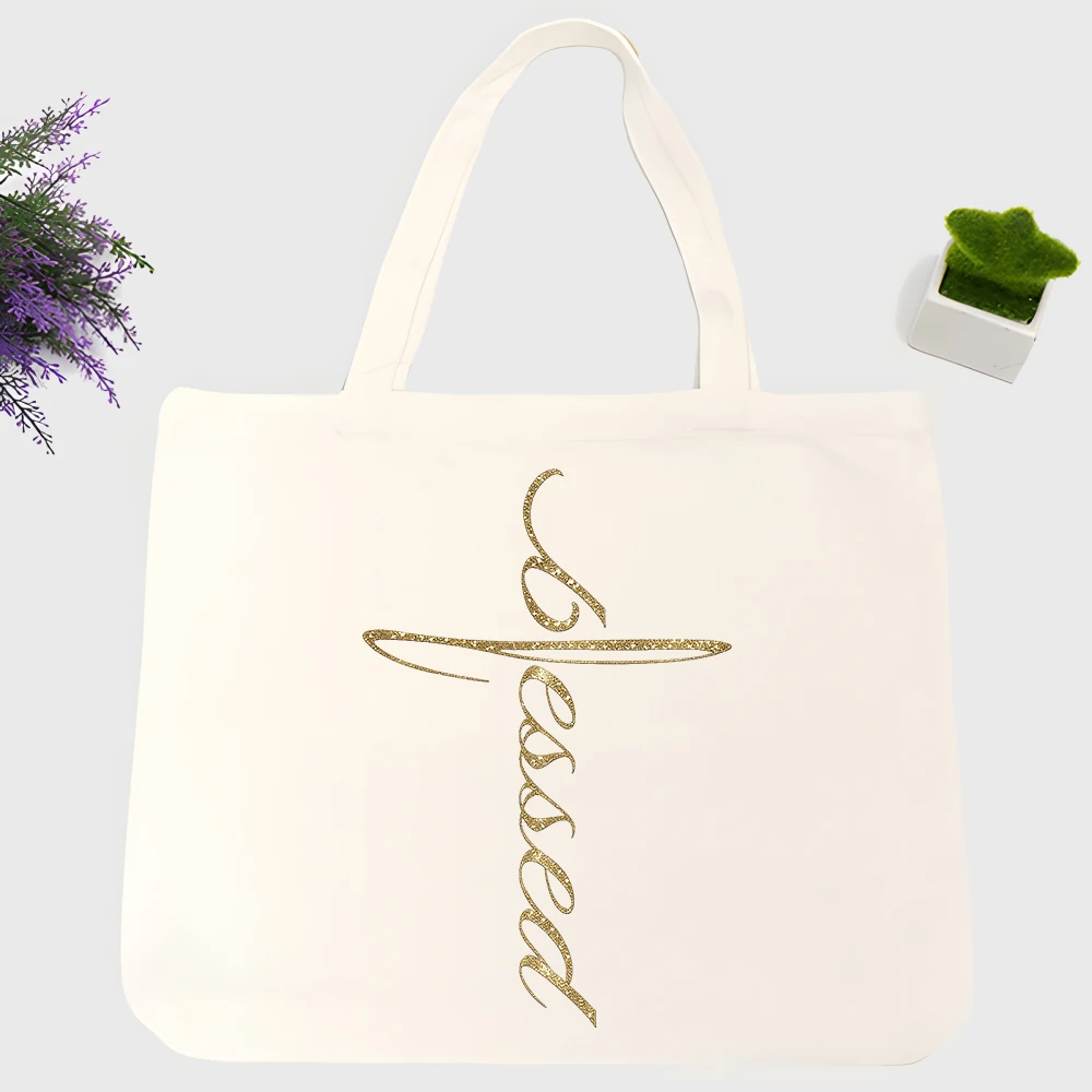 Women's cross and handwritten text canvas tote bag, casual style for daily shopping and church outings