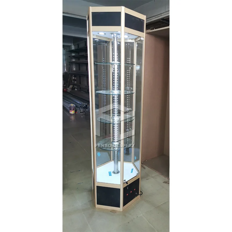 

2025customized.Customized High Quality Hexagon Revolving Showcase / Rotating Glass Display Cabinet