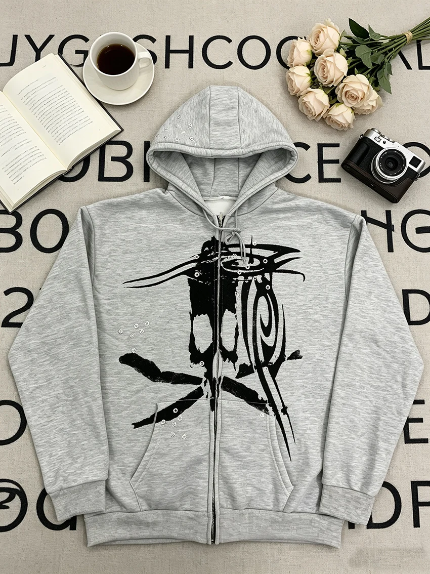Women Fashionable Graffiti Zip Up Hoodies Abstract Skull Tribal Print Oversized Loose Long Sleeve Y2K Punk Street Jacket Coats