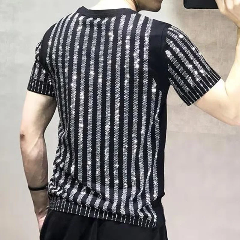 Black Fashion Diamond Rhinestone T-shirt Mens High Quality T Shirt Men Short Sleeve Streetwear Casual O-Neck Tee Shirt Homme