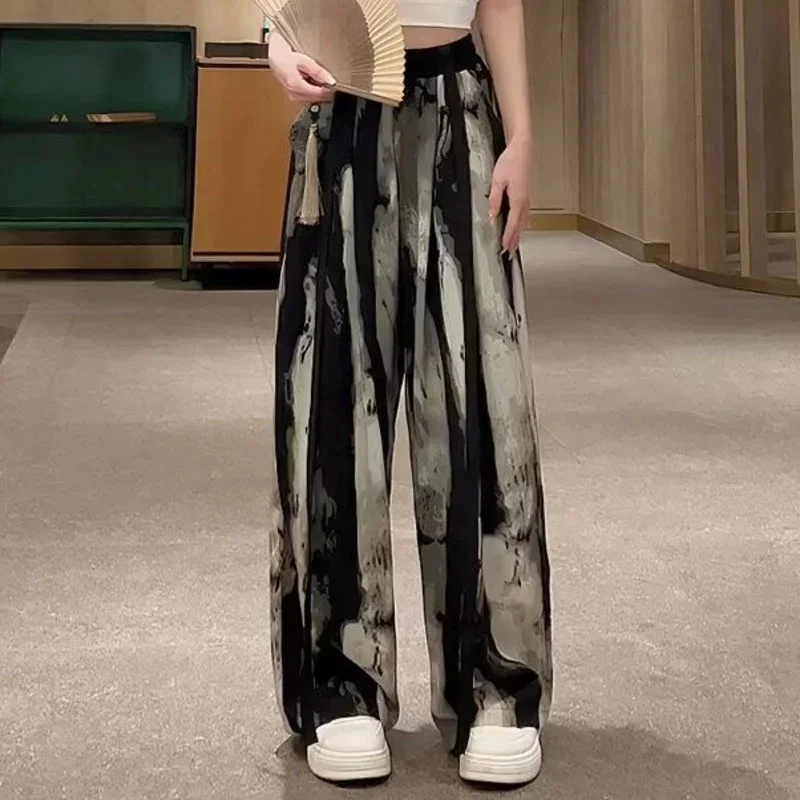 Women's Thin Casual Ice Silk Chiffon Wide Leg Pants 2024 Summer New Strap Drop Straight Tube Floor Trousers Korean Style Women