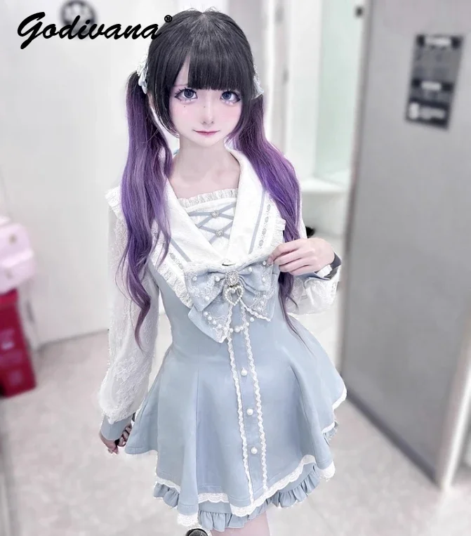 Japanese Mine Girl Womens Lolita Shorts Set Outfits New Autumn Lace Long-Sleeve Bowknot Sailor Collar Top and Shorts 2 Piece Set