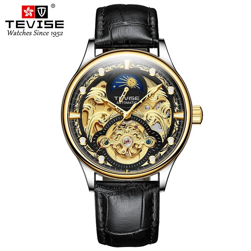 TEVISE-Relógio de pulso automático de couro oco para homens, aço inoxidável, impermeável, luminoso, comercial, moda