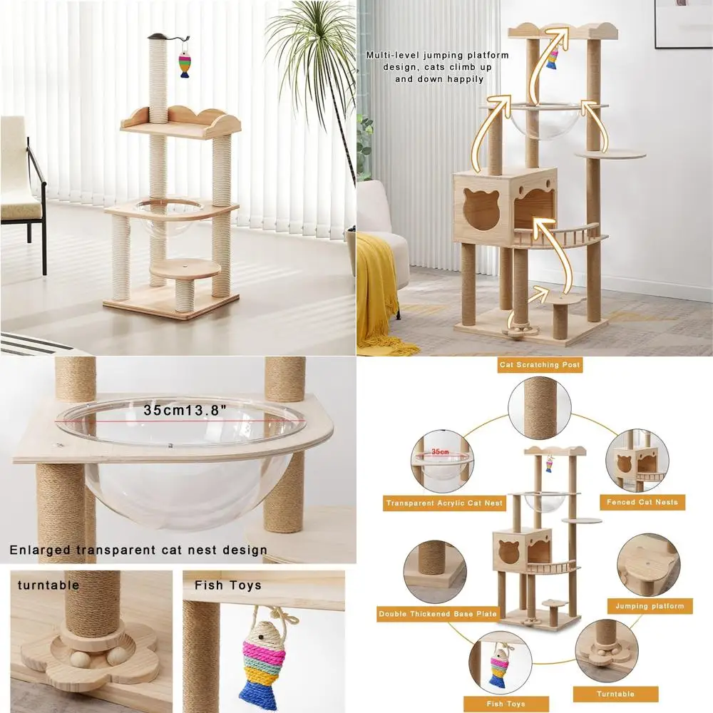 

Прочное прямоугольное домашнее кошачье дерево с улучшенными столбами, прыжками на палубе и акриловой миской для кормления.