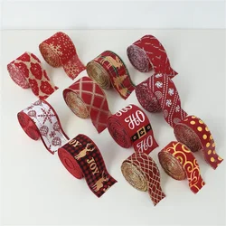 2M Red Green Christmas Ribbon Hot Stamped Linen Printed Christmas Polyester Ribbons New Years Home Decoration Bow Gift Packing