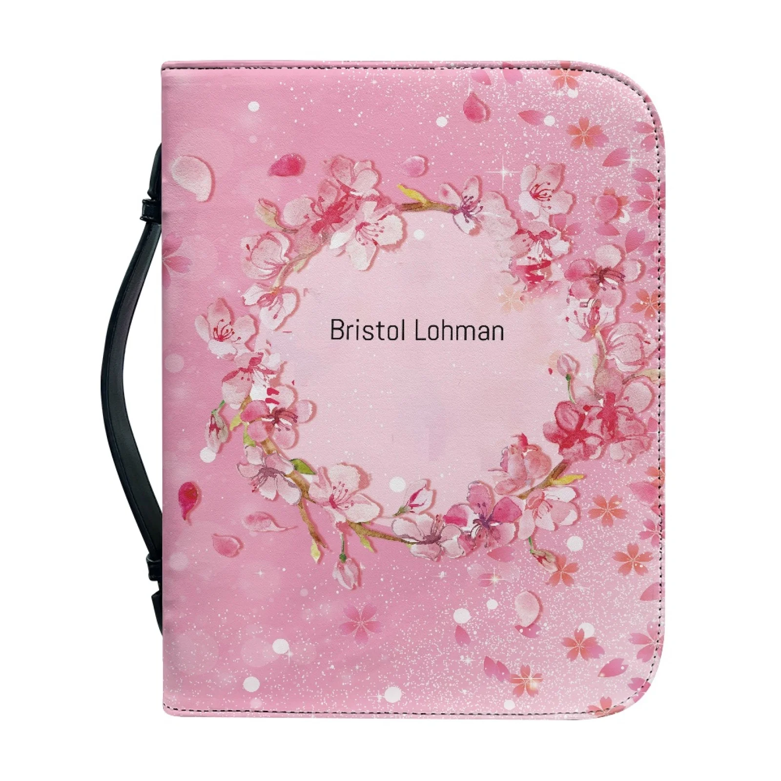 PENSTROLL Pink Cherry Blossom Wreath New Design Zippered Bible Covers for Prayer PU Leather Bible Hand Bag