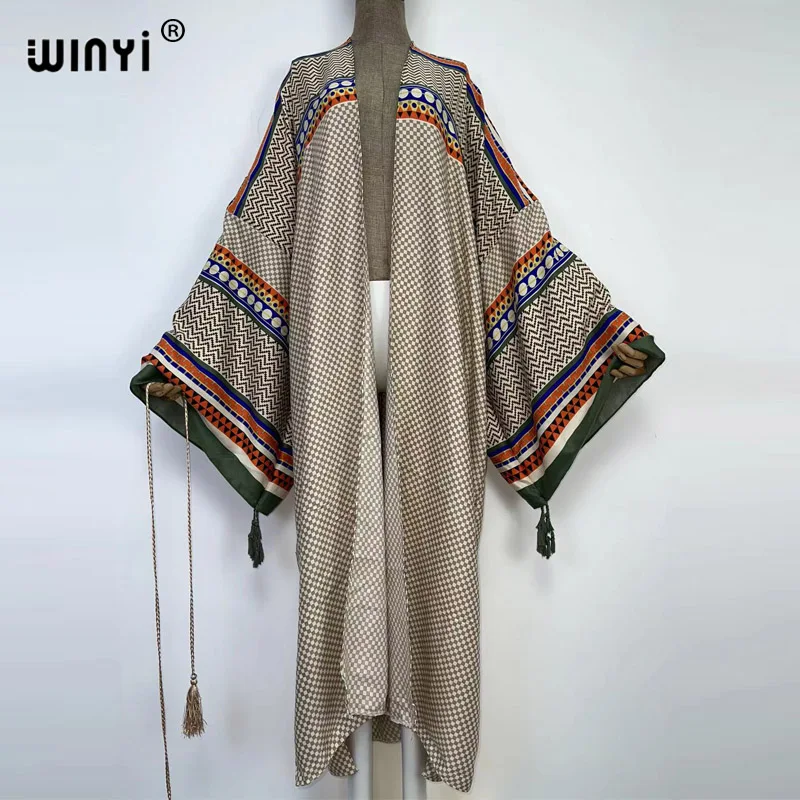 2022 WINYI okrycie plażowe w górę słodka dama różowy kardigan w stylu boho bikini kostium kąpielowy sexy Boho Maxi wakacje z długim rękawem KIMONO