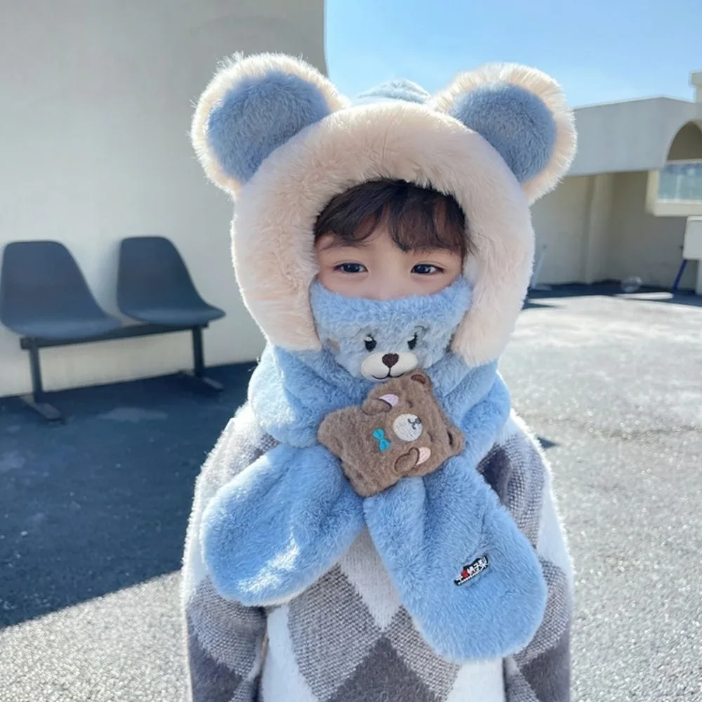 

Solid Color Bear Plush Hat With Mask&Scarf Fashion Design Children Fleece Hat Muffler Cartoon Plush Hat with Scarf