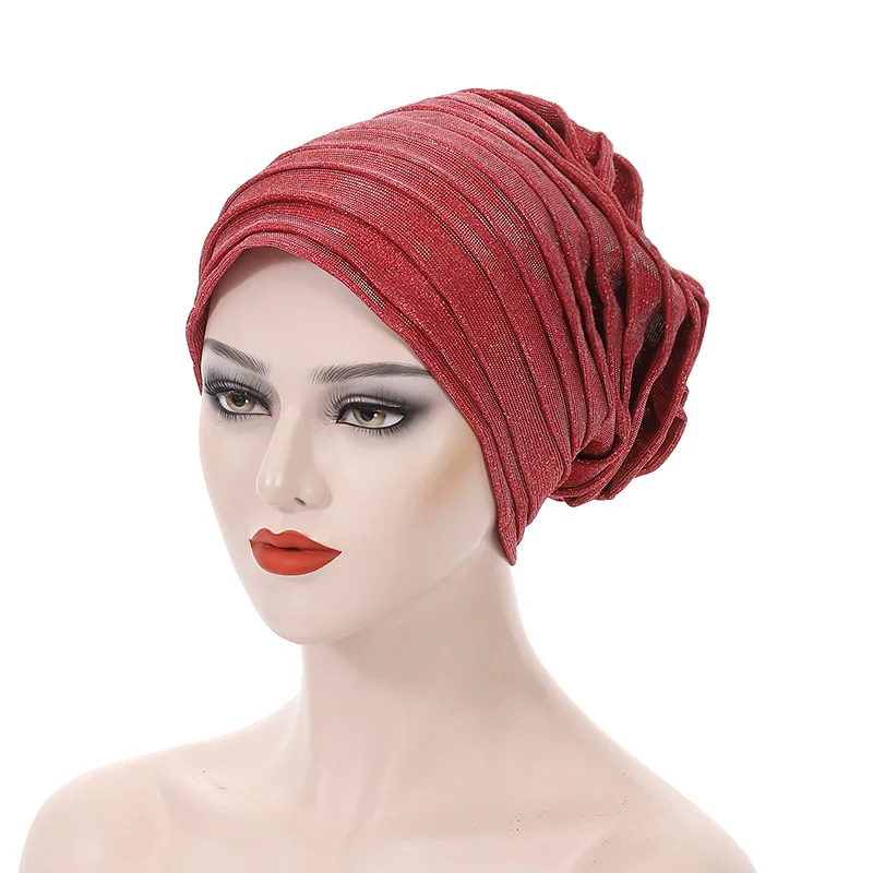 Candy Color Ladies Head Wraps Glitter Muslim Hijab Bonnets Fashion Headgear Elastic Full Body Pleated Turban Cap for Women 2024