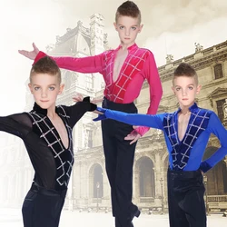 Original Latin Dance Tops for Children Black Blue White Fitness Shirt Boy Sexy Male Ballroom Professional Chacha Clothes N7005