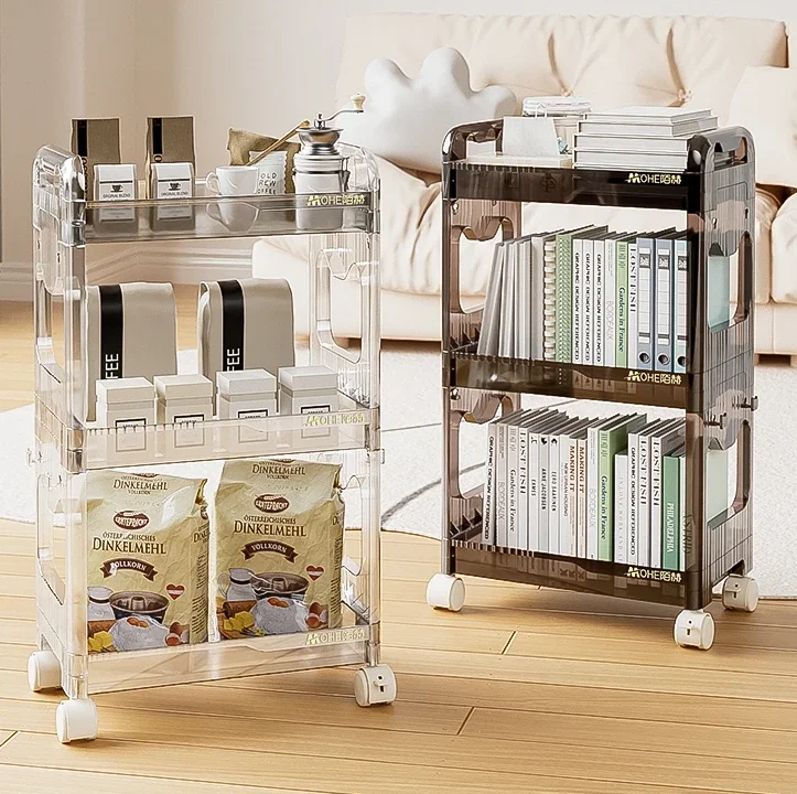 

Acrylic Movable Shelves Snack Trolley Bathroom Kitchen Storage Rack Bathroom Tea Table Side Display Cabinet