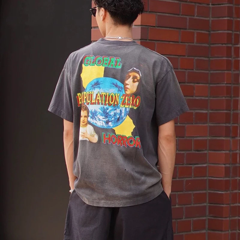 عالية الجودة القطن فضفاض المحملة القمم الرجال النساء الملونة دائرة يسوع طباعة سانت تي شيرت الشارع الشهير خمر غسلها الأسود تي شيرت #3