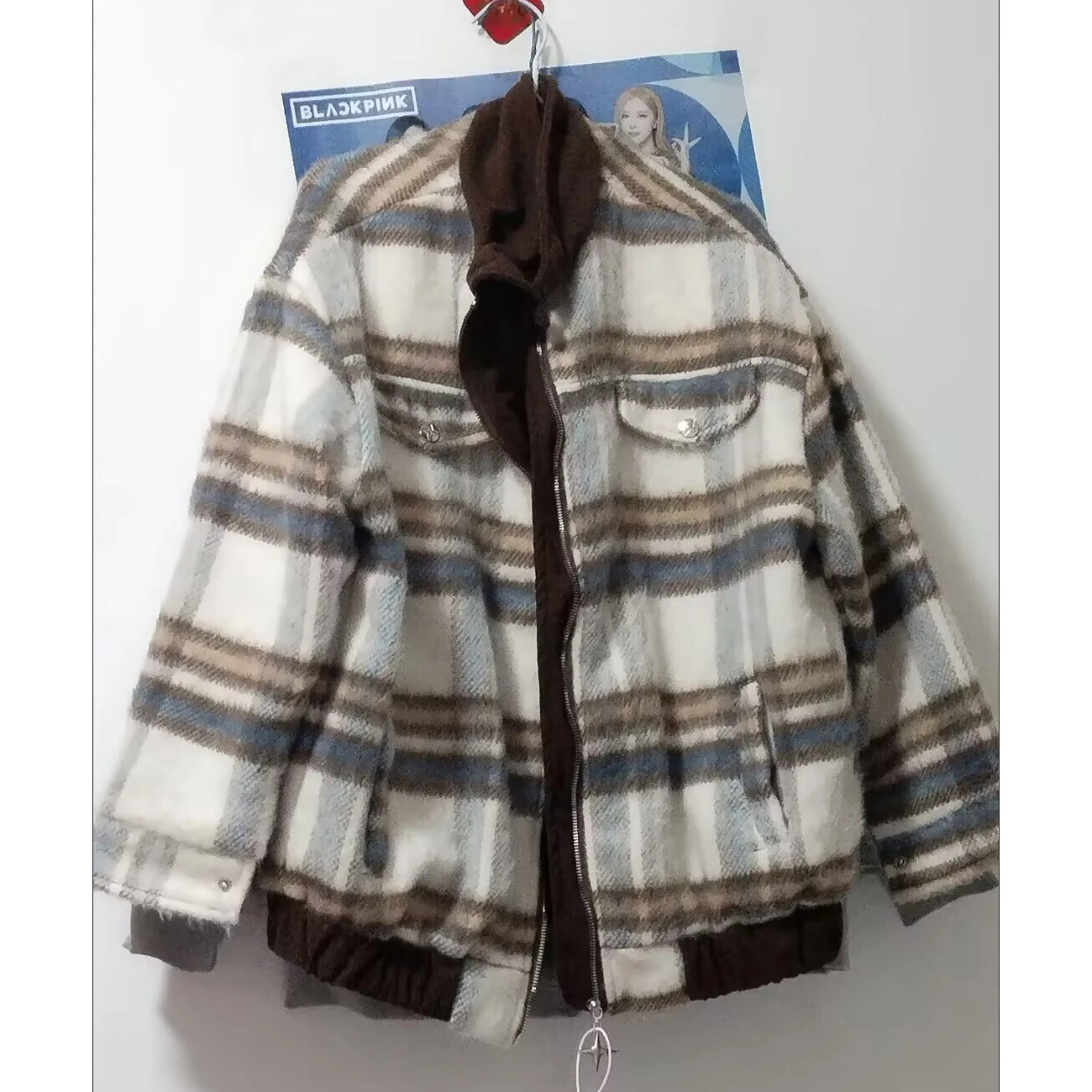 2025 chaqueta holgada de mezcla de lana para mujer Otoño Invierno mujer empalme juntos abrigo a cuadros de lana señoras Tops de lana de manga larga