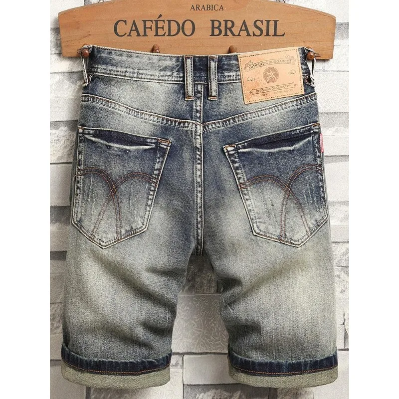 korean luxury clothing Harajuku Men\'s Casual Denim Knee-Length Shorts for 2024 Summer Vintage American Retro Style Jeans Shorts