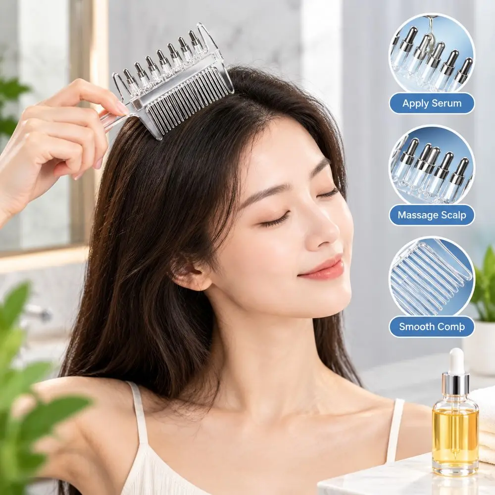 2-in-1 Function Essential Oil Applicator Comb Built-In Liquid Reservoir Transparen Scalp Massage Comb 7 Rolling Ball Teeth