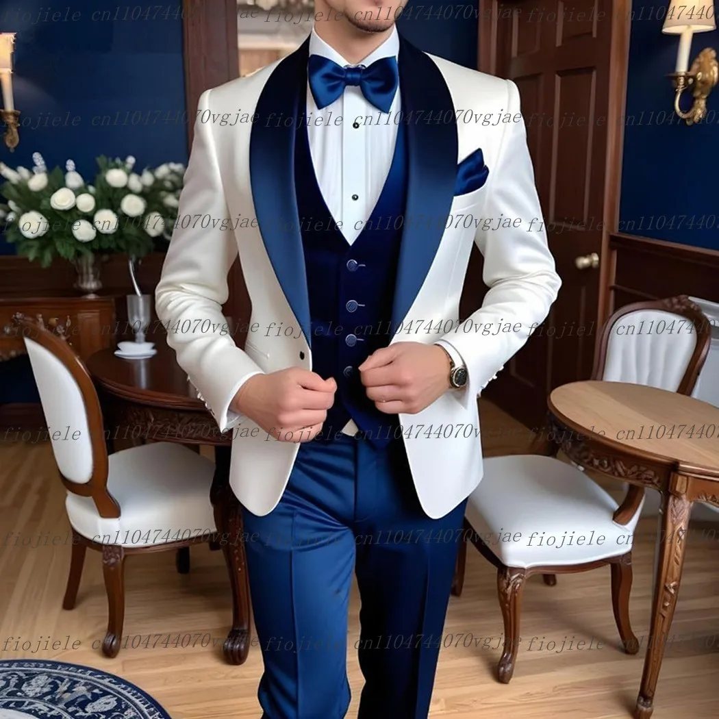

Ацетатный атласный белый и темно-синий мужской костюм для официальной свадьбы, жениха, жениха, мужской смокинг, комплект из 3 предметов, куртка, жилет, брюки