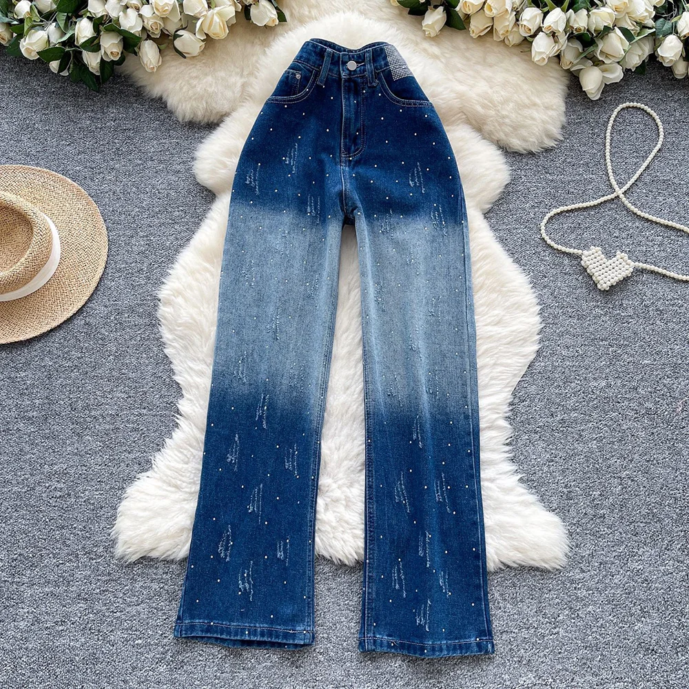 

Trendy Diamond Rived Wide Leg Denim Pants for Women European American Style Gradient Color Blue Jeans High Waist Full Trousers