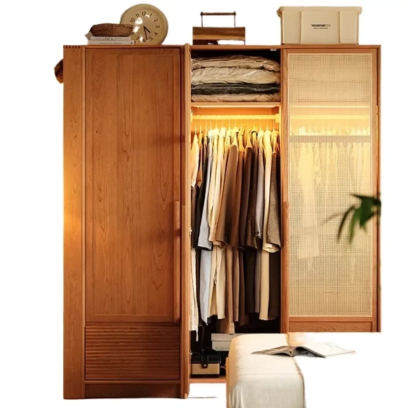 Japanese-style combination cherry wood bedroom cabinet rattan storage locker