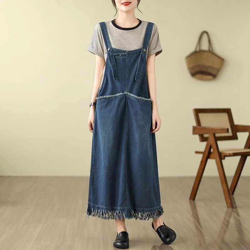 

Denim Strap Dress for Women Sleeveless Casual Loose Summer Streetwear Trend Korean Style Oversized Vintage Calf Length Dresses