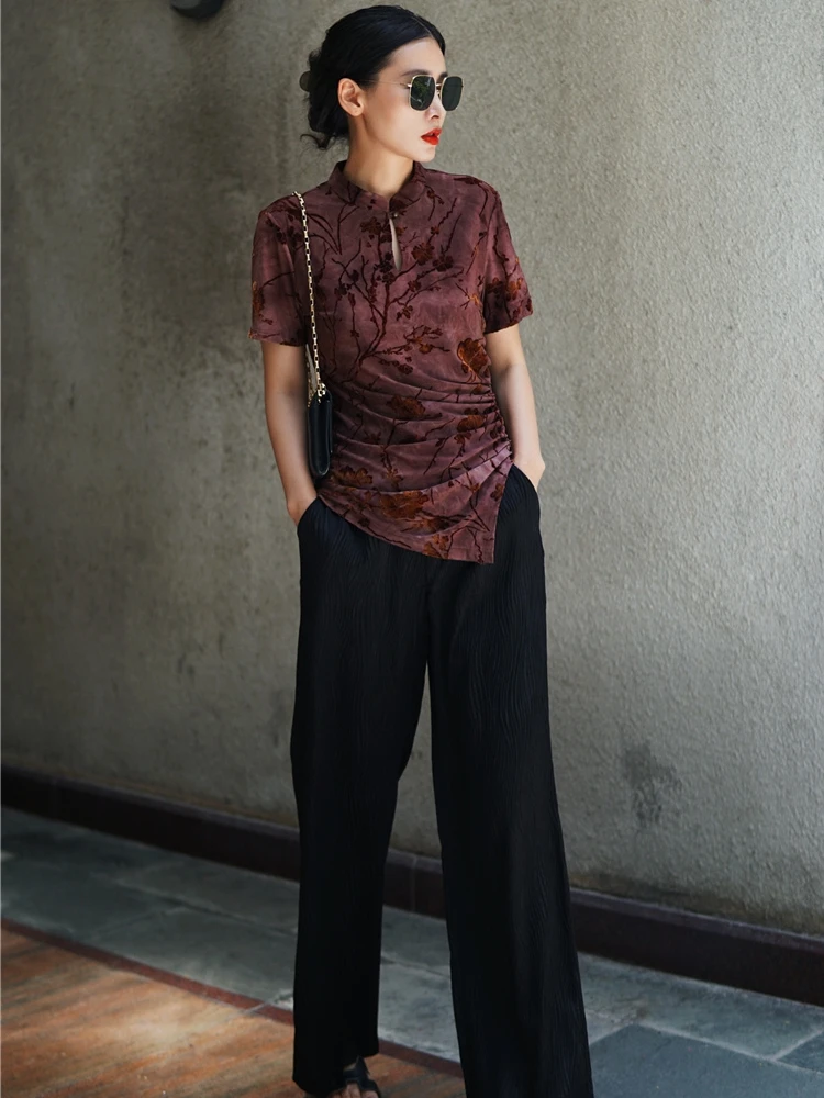 

Модная новая женская блузка в китайском стиле с вышивкой, на завязках, с воротником-стойкой на пуговицах, приталенная, в стиле ретро, универсальная