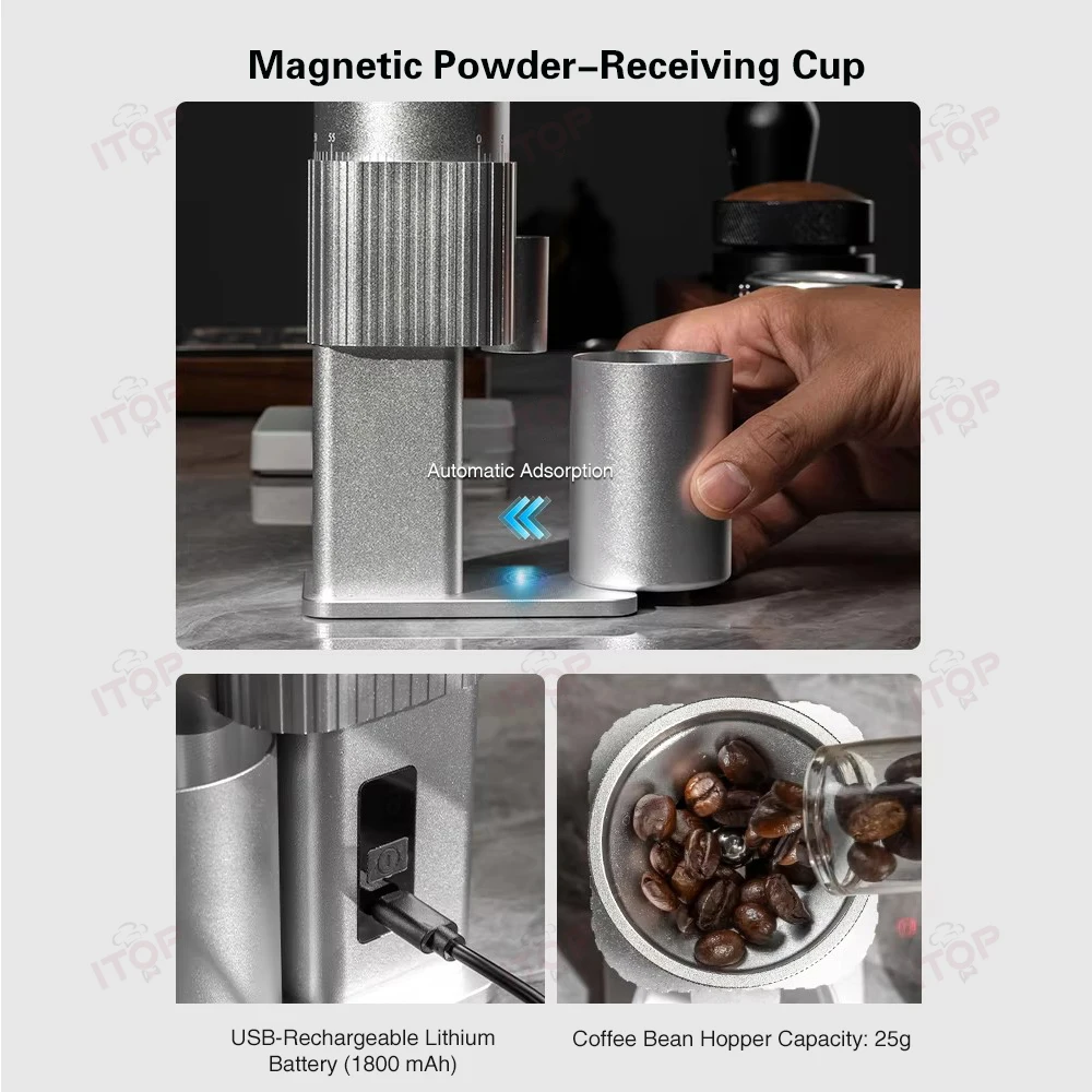 مطحنة قهوة كهربائية من ITOP، مطحنة قهوة قابلة لإعادة الشحن، 38 مم من الفولاذ المقاوم للصدأ للإسبريسو