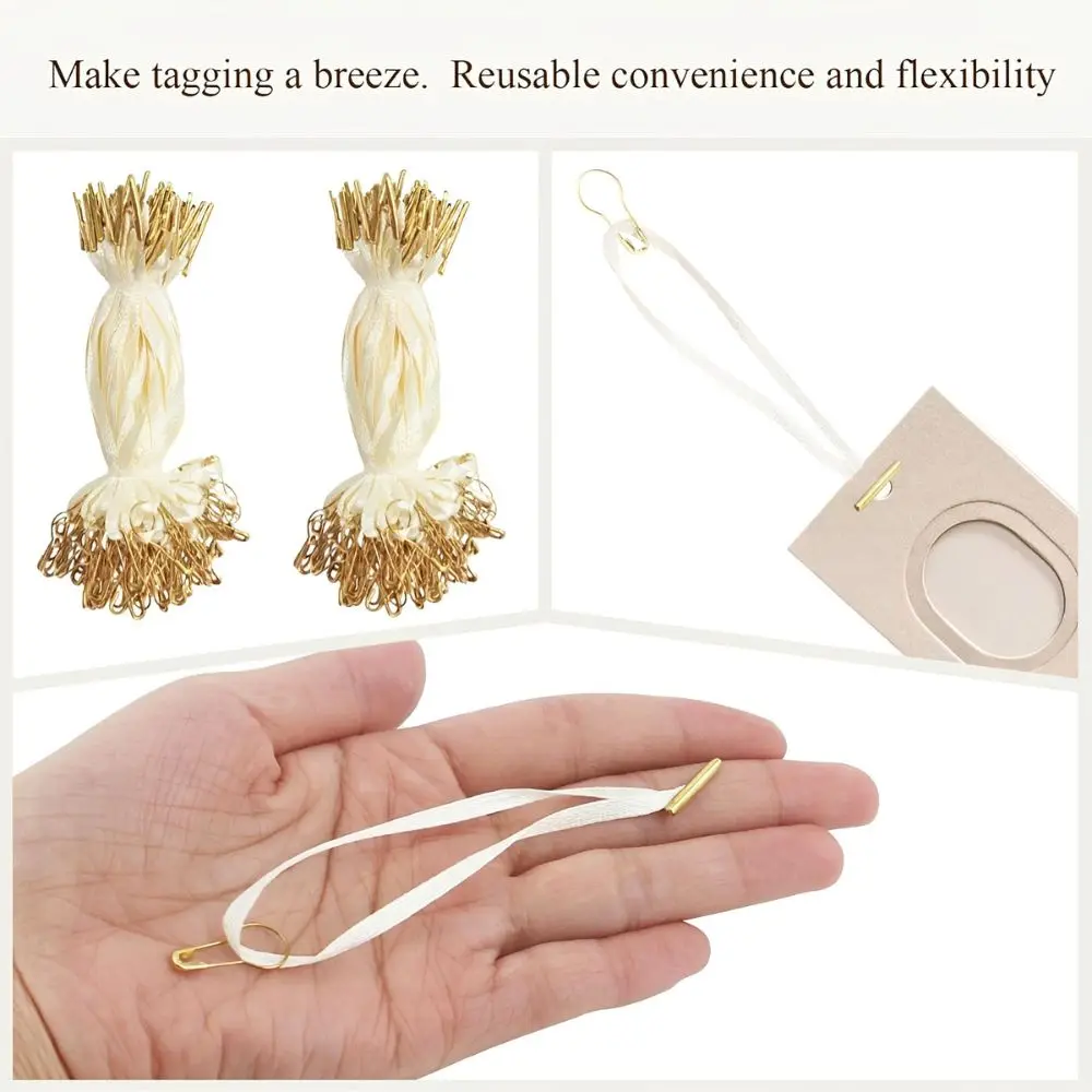 100/200pcs Cream Satin Price Tag Strings Golden Gourd Safety Pins, Clothing & Gift Label Hanging Ties YMY view 3