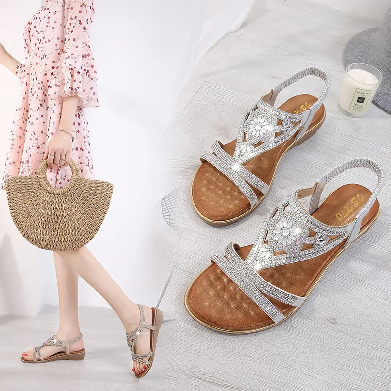 Bohemia Rhinestone Women Sandals Gladiator Summer Lace Up Women Ladies Crystal Flat Sandals Beach Peep Toe Casual Plus Size 42