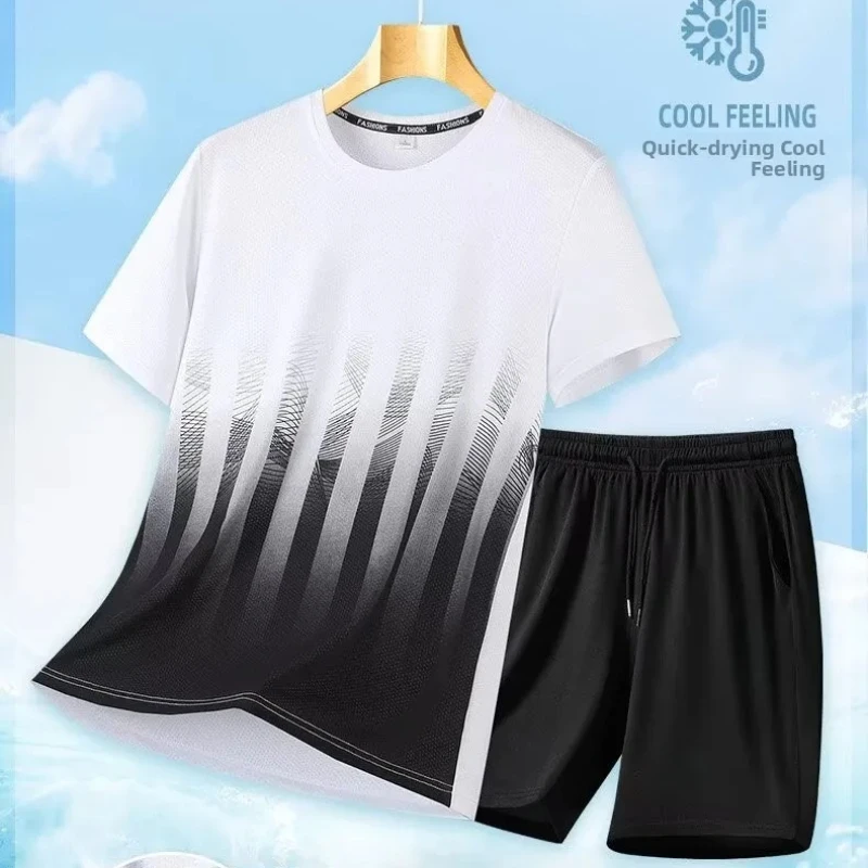 

Outdoor Ice Silk Quick Dry T-Shirt Shorts Sets Men Summer Thin Sportswear Loose Breathable Versatile Trendy Gym Running Suit Set