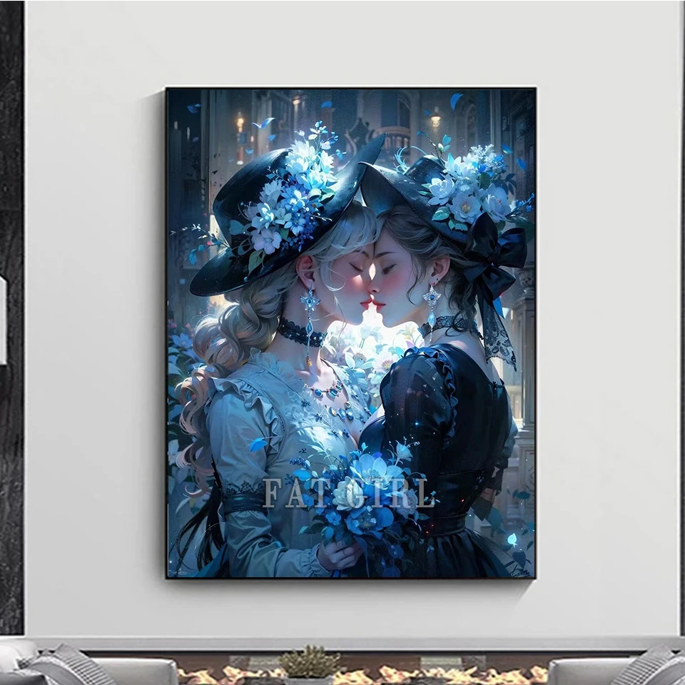 Gothic Art Diamond Painting Fantasy Sisters Flower Handmade Mosaic Woman Kiss Cross Stitch Full Drill Halloween Home Decor S105